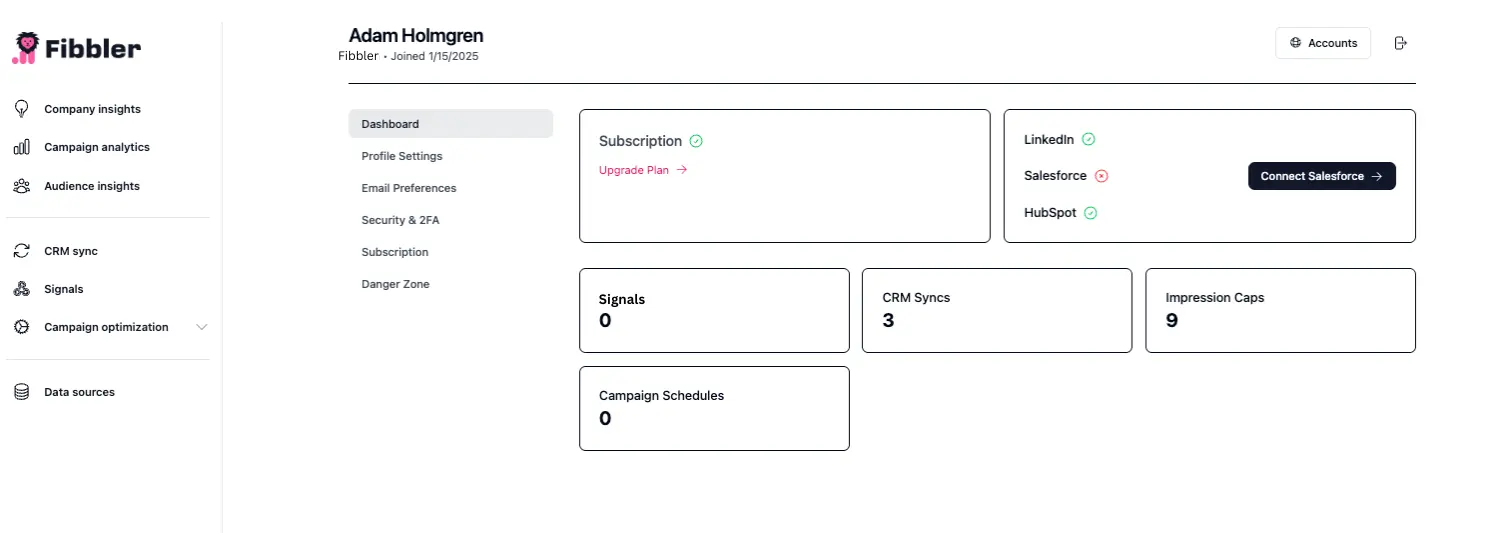 Account dashboard