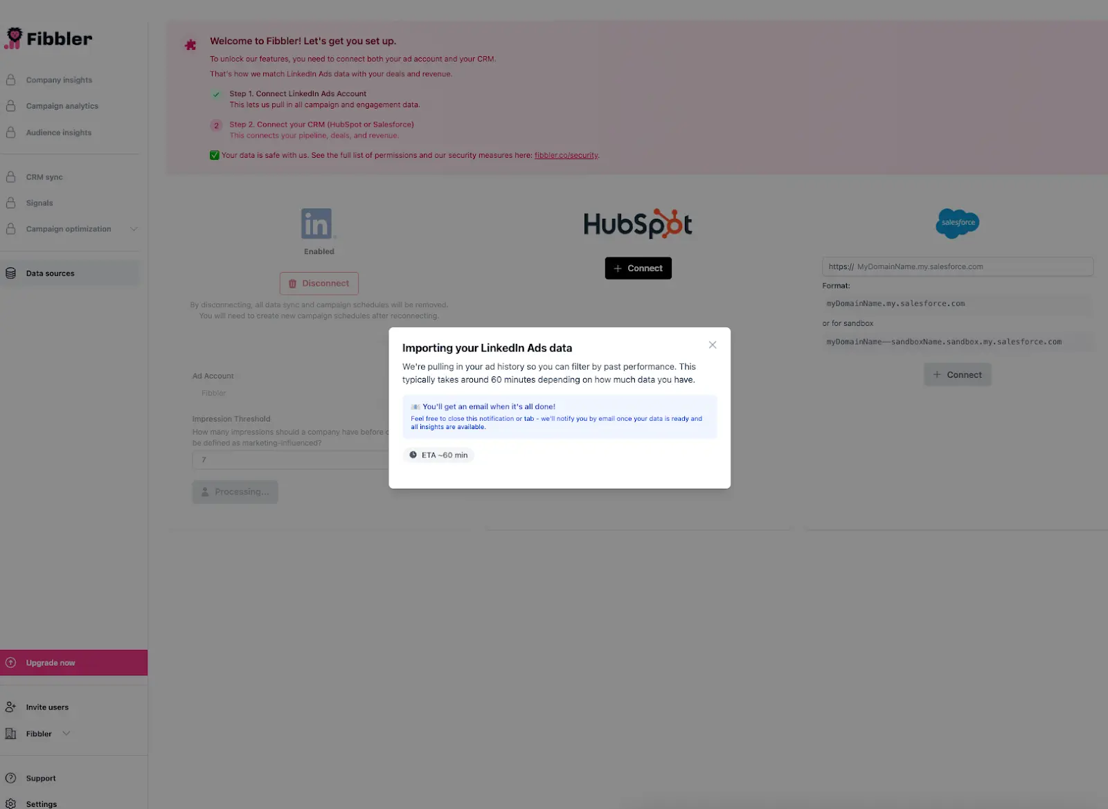 LinkedIn Ads data loading screen